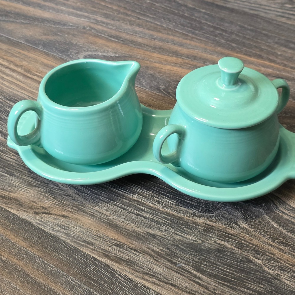 Fiesta Turquoise Sugar and Creamer Set with Figure 8 Tray 4pc Made in USA